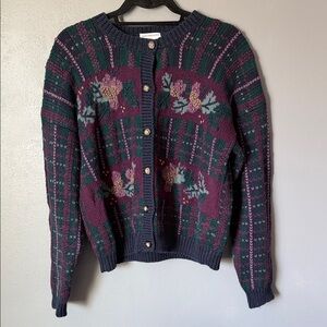 VTG Christopher & Banks Hand Embroidered Floral Hearts Knit Button Down Cardigan